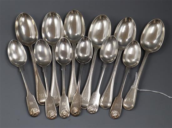 A set of six Victorian silver beaded Old English pattern dessert spoons, George Adams, London, 1863/7 and 6 teaspoons.